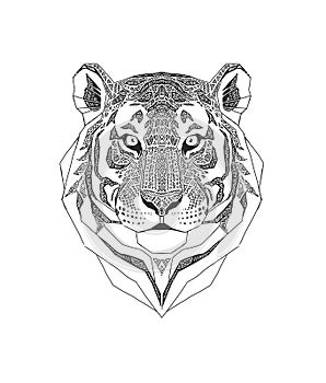 Tiger head isolated on white background., Wild Animal stylized portrait. Zentangle inspired tribal style. Black and