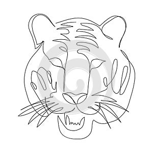 Tiger head one line art. Continuous line drawing of new year, holidays, christmas, traditional, wild cat, predator