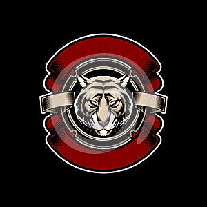 Tiger head with ribbon vector emblem vintage logo style template