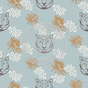 Tiger head seamless vector pattern. Silhouette wild cat animal blue background for print