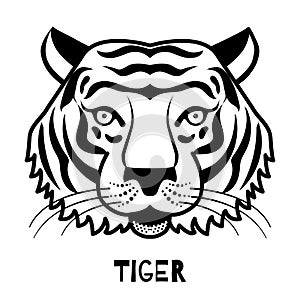 Tiger head on a white background. Abstract tattoo, tiger logo black and white vector illustration.