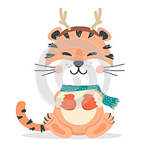 Tiger in headband with deer horns and mittens