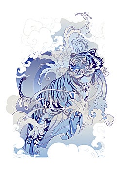 Tiger Hiking in Ocean wave and cloud design with ink Chinese or Japanese illustration motive or tattoo with blue Porcelain tone