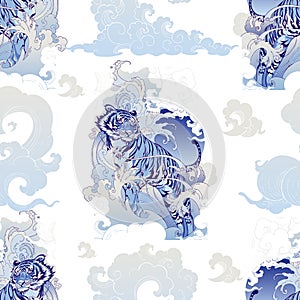 Tiger Hiking in Ocean wave and cloud design with ink Chinese or Japanese illustration tattoo for print seamless pattern with blue