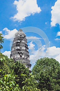 Tiger Hill Pagoda Pagoda of Yunyan Temple over trees on Tiger Hill Huqiu in Suzhou, Jiangsu, China