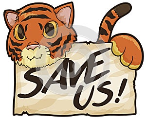 Tiger Holding a Scroll Promoting to Safeguarding them from Extinction, Vector Illustration