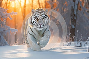Tiger hunting prey in snow
