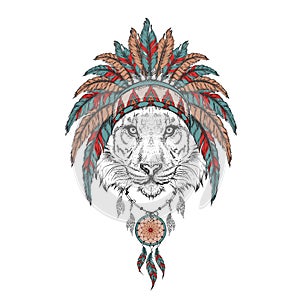 Tiger in the Indian roach. Indian feather headdress of eagle. Hand draw vector illustration