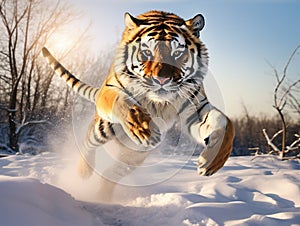 Tiger jumping on snow