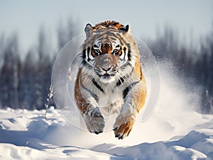 Ai Generated illustration Wildlife Concept of Tiger jumping on snow