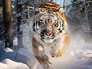 Ai Generated illustration Wildlife Concept of Tiger jumping on snow