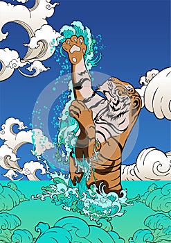 A tiger jumping from the splash water sea beach  illustration  painting doodle   cartoon color background