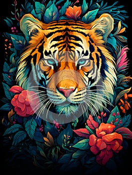 Tiger in the jungle among wild flowers illustration .