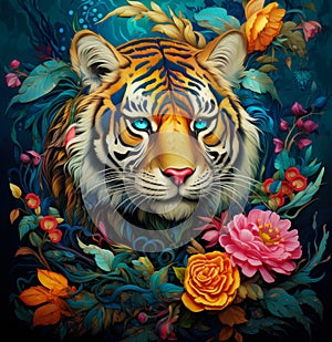 Tiger in the jungle among wild flowers illustration .