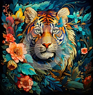 Tiger in the jungle among wild flowers illustration .