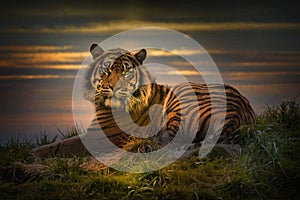 Tiger laying down resting at sunset