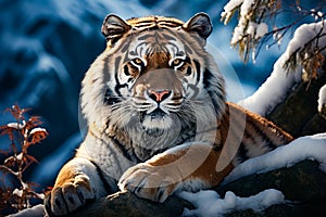 Tiger laying on rock in the snow with mountain in the background. Generative AI