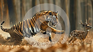 Tiger Leaping Through the Air to Capture Fleeing Deer