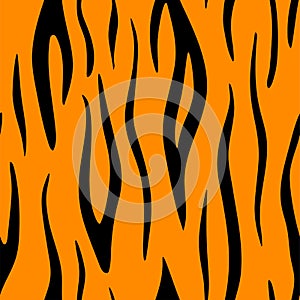 Tiger leather print background. Vector wild animal skin texture, black stripes pattern on orange background. Abstract