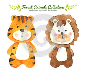 Tiger and Lion Cartoon watercolor collection isolated on white background ,Forest Animal Hand drawn painted character for Kids