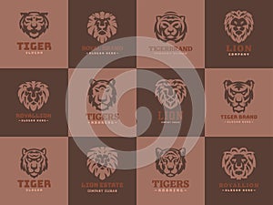 Tiger and lions face logo badge strength predator power wildcat vector illustration.