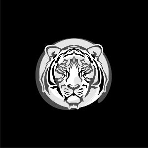 Tiger logo. Black white illustration of a tiger head isolated on black background