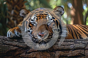 A tiger lounging on a tree log in the zoo, high quality, high resolution