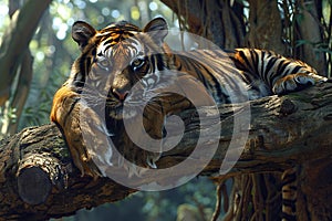 A tiger lounging on a tree log in the zoo, high quality, high resolution