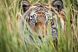 tiger lying in tall grass stalking its prey