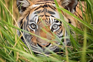 tiger lying in tall grass stalking its prey
