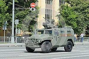 The Tiger-M armored car with the Crossbow-DM remote control combat module on Moscow`s Mokhovaya street during the parade dedicated