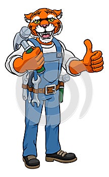 Tiger Mascot Carpenter Handyman Holding Hammer