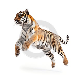 Tiger in Mid-Leap Captured Isolated on White