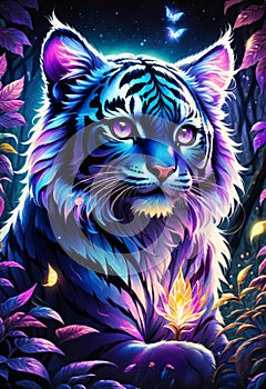 A tiger with multicolored fur, adorned with mystical patterns, walks majestically through the forest.