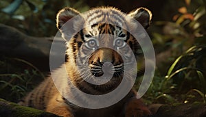 Tiger, nature beauty, striped feline, endangered species, tropical rainforest generated by AI