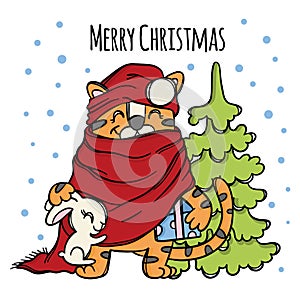 TIGER NEW YEAR Santa Claus With Gifts Vector Illustration Set