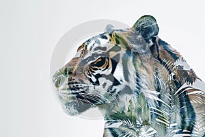 A tiger overlaid with the intricate patterns of tropical foliage in a double exposure