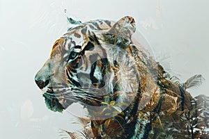 A tiger overlaid with the intricate patterns of tropical foliage in a double exposure