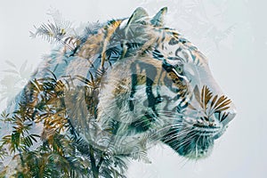 A tiger overlaid with the intricate patterns of tropical foliage in a double exposure