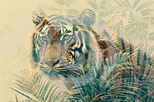 A tiger overlaid with the intricate patterns of tropical foliage in a double exposure