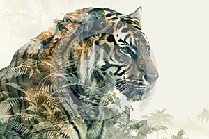 A tiger overlaid with the intricate patterns of tropical foliage in a double exposure