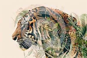 A tiger overlaid with the intricate patterns of tropical foliage in a double exposure