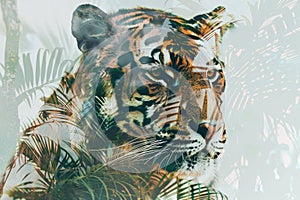 A tiger overlaid with the intricate patterns of tropical foliage in a double exposure