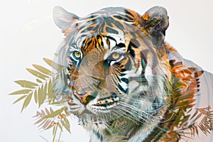 A tiger overlaid with the intricate patterns of tropical foliage in a double exposure