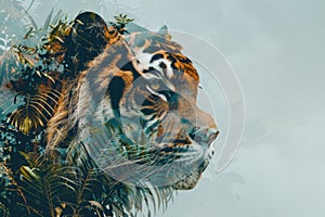 A tiger overlaid with the intricate patterns of tropical foliage in a double exposure