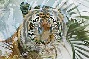 A tiger overlaid with the intricate patterns of tropical foliage in a double exposure