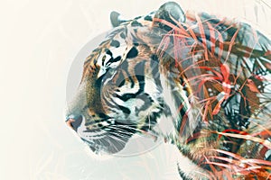 A tiger overlaid with the intricate patterns of tropical foliage in a double exposure