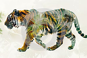 A tiger overlaid with the intricate patterns of tropical foliage in a double exposure