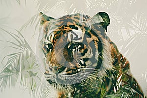 A tiger overlaid with the intricate patterns of tropical foliage in a double exposure