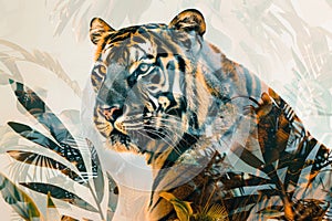 A tiger overlaid with the intricate patterns of tropical foliage in a double exposure